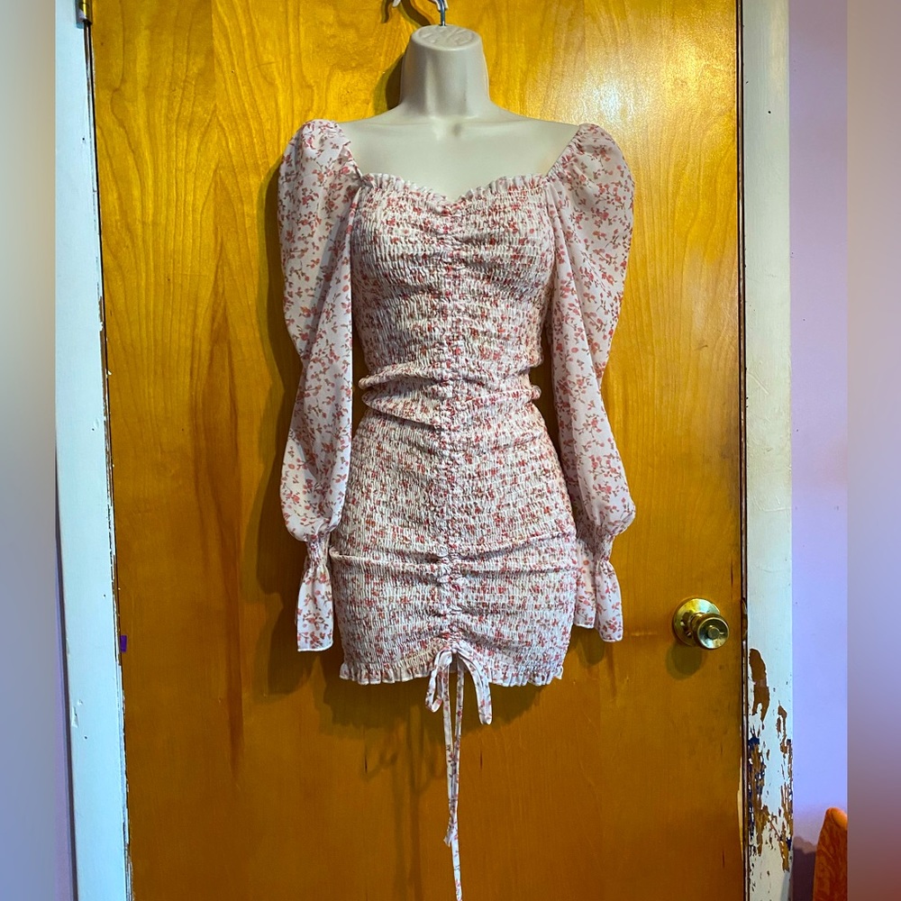 NWOT Princess Polly ruched sweetheart neck dress,sheer white,pink ditsy print,Sm
